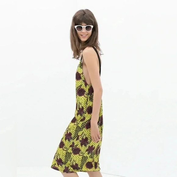 Zara Trafaluc by Zara Yellow Tropical Floral Sundress Midi Dress Size Medium M - Picture 1 of 5